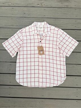Kardo Men's White Short-Sleeve Button-Up Shirt with Red Windowpane Grid